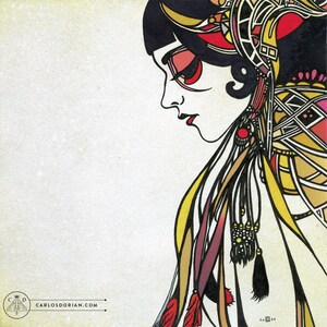 Bijin II Art Print: Art Deco Woman, Ink & Watercolor Giclée