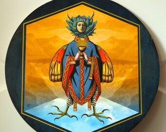 May include: A painting of a figure with a blue flower head, holding a golden chalice. The figure is wearing a blue robe with red and gold trim and has bird-like legs. The background is a yellow and orange landscape.