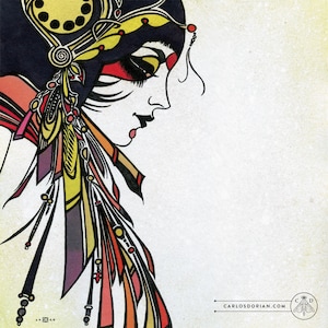 Bijin I Giclée Art Print: Art Deco Woman, Bohemian Psychedelic Ink & Watercolor