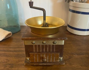 VINTAGE COFFEE GRINDER - hand crank coffee tea grinder, wood base with removeable drawer, metal brass fittings, dimensions in description