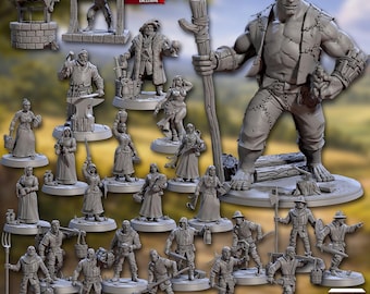 Medieval Villagers 32mm | 25 Townsfolk NPCs for DnD 5e, Pathfinder | Peasant, Tavern, Civilian | Unpainted Resin Minis Proxy