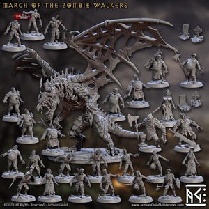 May include: A collection of miniature figurines, including zombies and a skeletal dragon, are displayed. The figures vary in size and pose, with some holding weapons. The text "MARCH OF THE ZOMBIE WALKERS" is at the top. The overall theme is fantasy and tabletop gaming.