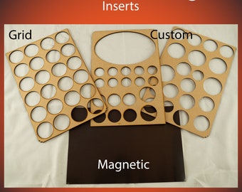May include: Three wooden storage inserts for a stackable storage system. The inserts are labeled "Grid", "Custom", and "Magnetic". The inserts have various sized circular cutouts.