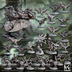 May include: A collection of grey resin tabletop miniatures titled LIZARDMEN OF FALGOR'S SWAMP II. The set includes a large lizard creature carrying a platform, several bipedal lizard warriors, and smaller lizard figures mounted on dinosaur-like beasts.