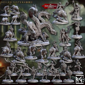 May include: A collection of gray miniature figurines, including a multi-headed hydra, warriors, and creatures. The figurines are on circular bases. Text on the image reads "VEILED SISTERHOOD" and "GUILDHALL EXCLUSIVE". The Artisan Guild logo is visible.
