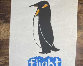 Penguin Flight limited edition screen print. Funny Penguin drawing flight or fight.