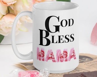 Cadeau de maman - Que Dieu bénisse maman Mug-Cadeau de Noël pour maman-Cadeau pour elle- Cadeau chrétien-Tasse blanche brillante