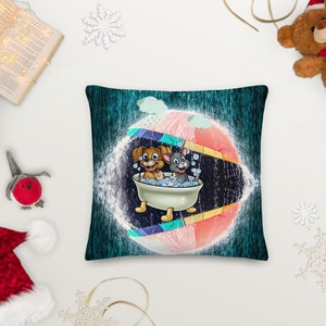 Cat and Dog Pillow-Furry Friend Gift-Rainy Umbrella Fashion Pillow-Premium Pillow