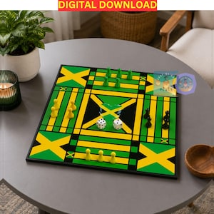 May include: A square board game featuring a green, yellow, and black colour scheme inspired by the Jamaican flag. The board includes four sets of coloured playing pieces in green, yellow, and black, along with two white dice. Text reads DIGITAL DOWNLOAD.