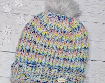 Handmade Chunky Knit Hat with Removable Faux Fur Pompom - Wool Blend - Adult size - Color : Snow Bunny