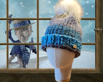Handmade Chunky Knit Hat  with optional pompom - Adult Size - Color : Cold Miser