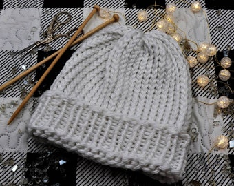 Handmade Chunky Knit Hat  - Adult Size - Color : Snow White