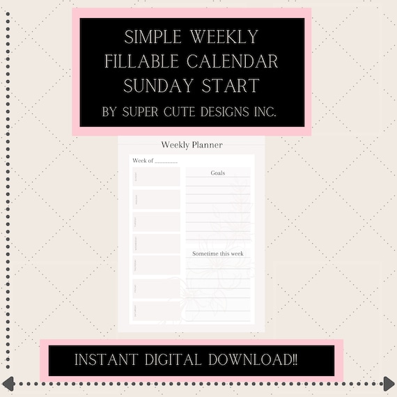 Simple Weekly Fillable Calendar Sunday Start | Etsy