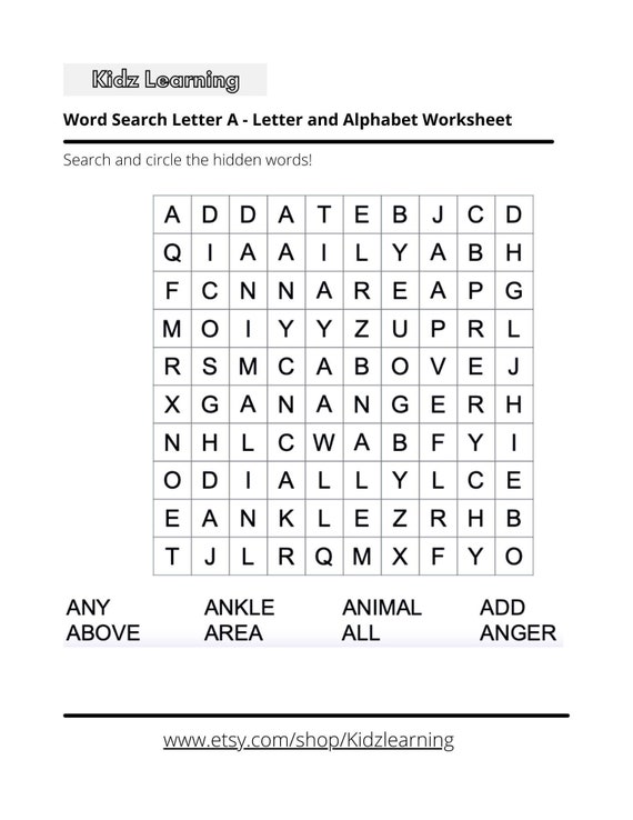 26 printable alphabet word search with answers preschool etsy