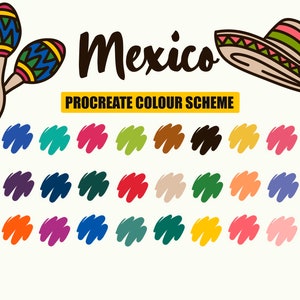 Puede incluir: Un esquema de color Procreate colorido inspirado en México. La paleta incluye tonos de naranja, amarillo, verde, azul, rojo, marrón y rosa. La imagen también presenta un sombrero y maracas.