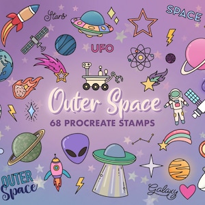 Space Procreate-stempelset, 68 Doodle-stempels met Outer Space-thema, Galaxy Planets Procreate-borstels,