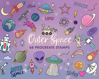 Space Procreate Stamp Set, 68 Outer Space themed Doodle Stamps, Galaxy Planets Procreate Brushes,