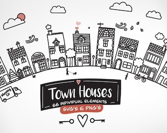 May include: Black and white illustration of a town with houses, trees, clouds, and a moving truck. The text "Town Houses" is written in a handwritten font with the words "66 Individual Elements" and "SVG's & PNG's" below it.