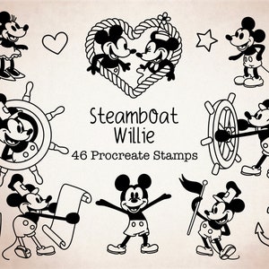 Steamboat Mouse Procreate Stamps - 46 Francobolli digitali in stile vintage disegnati a mano - Ispirati ai classici schizzi di Steamboat Willie