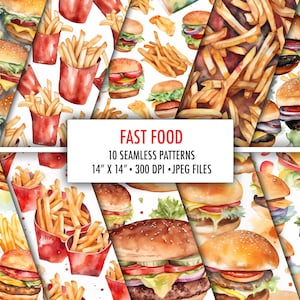 Fast Food Watercolor Seamless Patterns - Set of 10 Burger and Fries Digital Papers