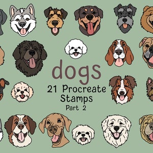 Könnte beinhalten: Ein Set mit 21 digitalen Stempeln, die verschiedene Hunderassen zeigen. Die Stempel sind im Cartoon-Stil mit einer einfachen Umrandung und mit Farbe gefüllt. Der Text "dogs 21 Procreate Stamps Part 2" befindet sich am unteren Rand des Bildes.