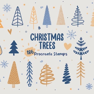 Sellos navideños Procreate: 186 pinceles de árboles nórdicos, paquete de pinceles navideños Procreate y paquete de sellos festivos con copos de nieve y estrellas