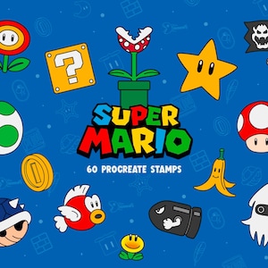 マリオにインスパイアされた Procreate スタンプ 60 個 | デジタル アート用のアウトライン スタンプ セット | パターン作成に最適