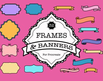 May include: A set of 32 frames and banners for Procreate, featuring a variety of shapes and styles. The frames and banners are in various colours, including pink, blue, yellow, and orange.
