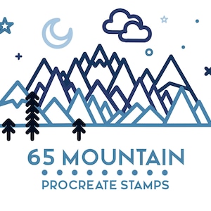 May include: An illustration featuring a mountain range in shades of blue, with trees, clouds, a crescent moon, and stars. The text reads "65 MOUNTAIN PROCREATE STAMPS."