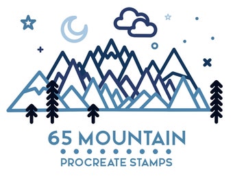 65 Mountain Procreate Stamps, Line icon logo procreate brushes of mountains, trees, clouds...