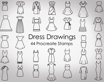 44 Dress Drawing Stamps for Procreate, Fashion Dress Forms brushes for Procreate- technical dress clothes doodles