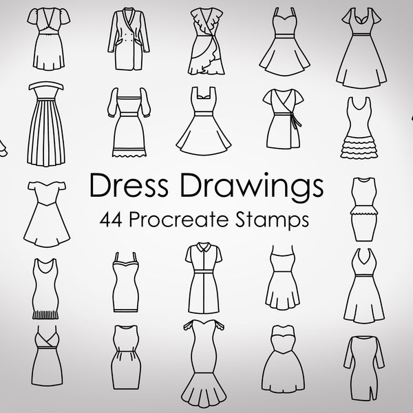 44 Dress Drawing Stamps for Procreate, Fashion Dress Forms brushes for Procreate- technical dress clothes doodles