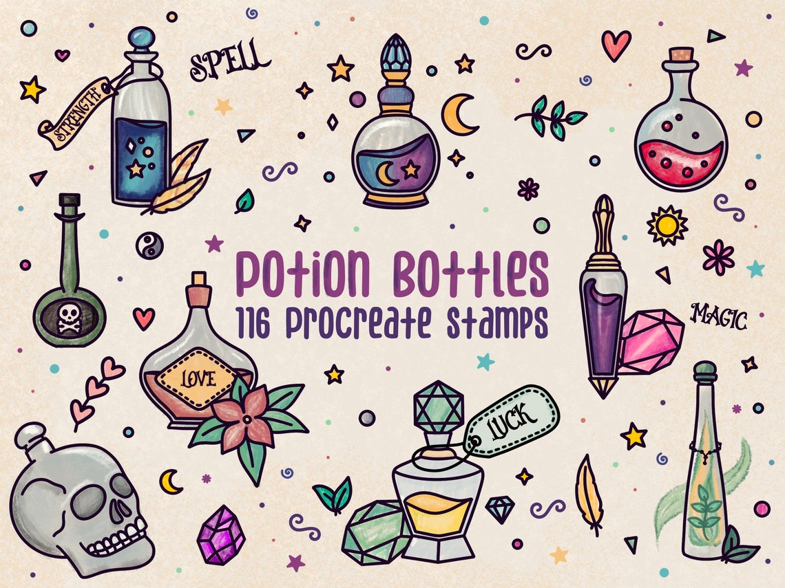 116 Potion Bottle Procreate Stamps, Spell Jar Procreate Brushes, Magic ...