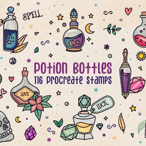 116 Potion Bottle Procreate Stamps, Spell Jar Procreate Brushes, Magic Bottles.