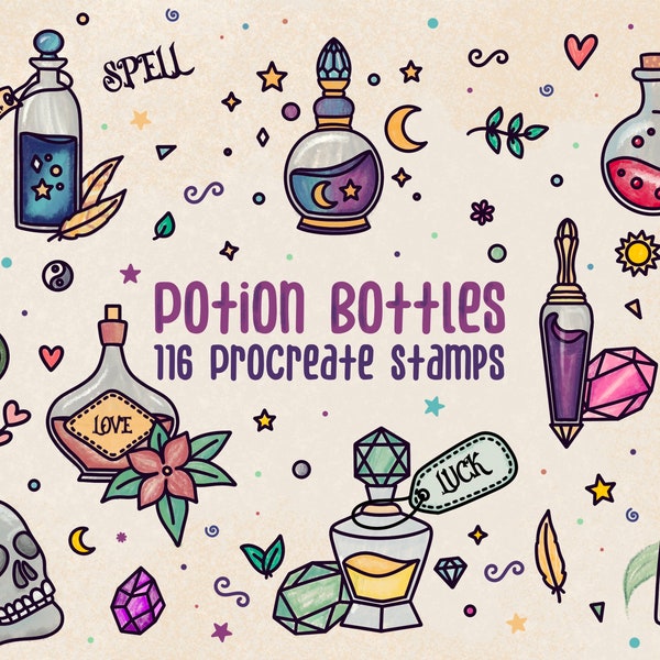 116 Potion Bottle Procreate Stamps, Spell Jar Procreate Brushes, Magic Bottles.