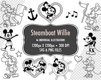 Steamboat Willie, Mickey Mouse PNGs and SVGs - 46 Hand-Drawn Vintage Style Digital Images - Inspired by Classic Steamboat Willie Sketches