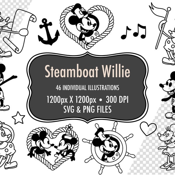 Steamboat Willie, Mickey Mouse PNGs en SVGs - 46 handgetekende digitale afbeeldingen in vintage stijl - Geïnspireerd door klassieke Steamboat Willie Sketches