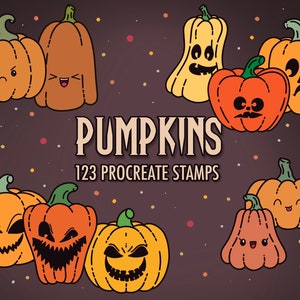 May include: A set of 123 Procreate stamps featuring various cartoon pumpkins with different facial expressions. The pumpkins are orange, yellow, and brown with black outlines. The text "PUMPKINS" and "123 PROCREATE STAMPS" is displayed in a vintage style font.