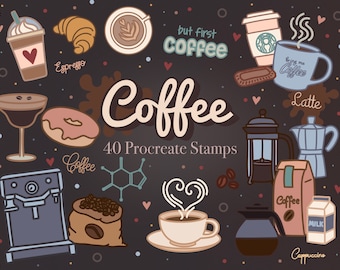 40 Coffee Doodle Stamps for Procreate, Coffee brushes for Procreate