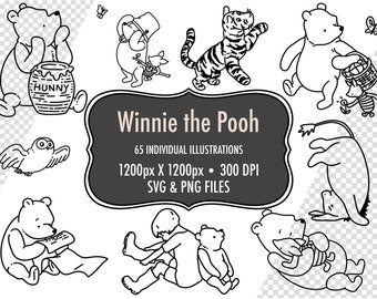 Winnie the Pooh, Winnie PNGs and SVGs - 65 Hand-Drawn Vintage Style Digital Images - Inspired by Classic Winnie the Pooh