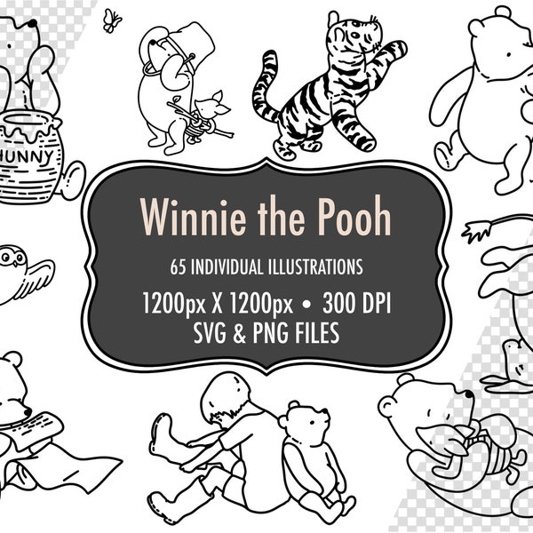 Winnie the Pooh, Winnie PNGs and SVGs - 65 Hand-Drawn Vintage Style Digital Images - Inspired by Classic Winnie the Pooh
