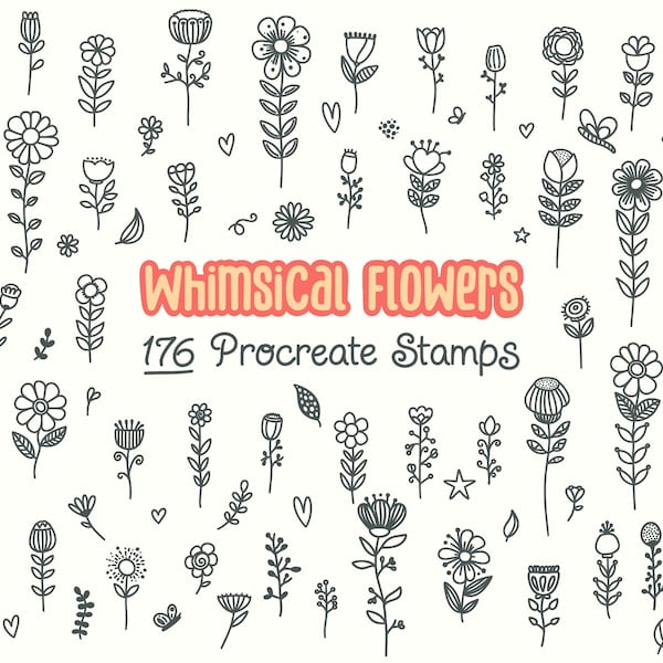 Whimsical Flower Procreate Stamps, commercial free set of over 176 individual designs cute flowers