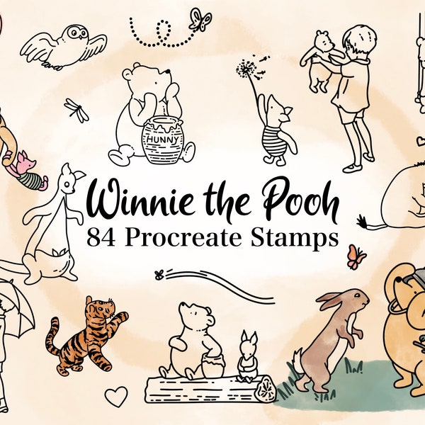 Winnie the Pooh Procreate Stamps - 84 Classic Vintage Winnie the Pooh drawings - Digital Download