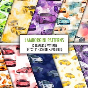 Lamborghini herhalende patronen - Set van 10, Supercar naadloze patronen, sportwagen digitaal papier, commerciële gratis naadloze patronen