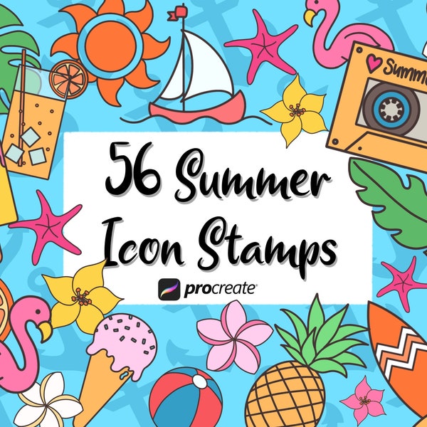 56 Summer Icon Stamps for Procreate, Summer and Beach brushes for Procreate