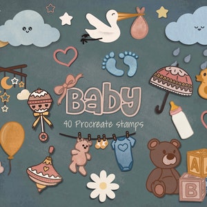 40 sellos Baby Doodle para Procreate, pinceles Baby Shower para Procreate