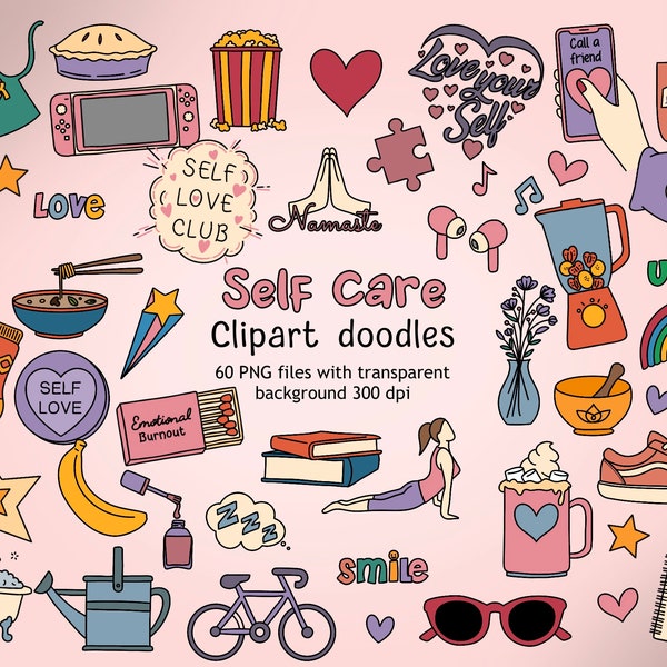 Self Care Doodle Clipart, Pamper PNG, Take Care of Yourself Planner, Self Care Stickers PNG