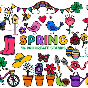 May include: A collection of 54 colorful Procreate stamps with a spring theme. Includes illustrations of a sun, rainbow, birds, flowers, insects, gardening tools, rain boots, and the word "SPRING".