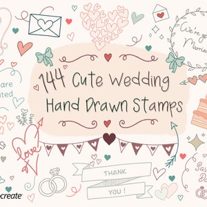 May include: A set of 144 hand-drawn wedding stamps featuring cute illustrations of hearts, rings, cake, champagne glasses, and more. The stamps are perfect for adding a personal touch to wedding invitations, thank you cards, and other stationery.