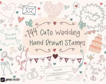 144 Cute Wedding Hand Drawn Stamps for Procreate, Wedding Pro Create Brushes